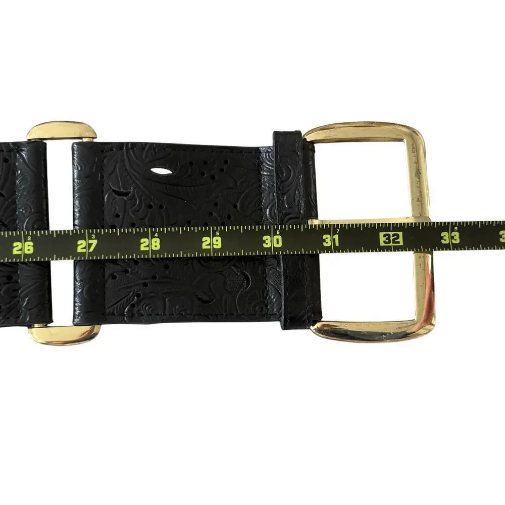 A|Wear Y2K Black Tooled Leather Stretch Waist Belt M/L Gold Buckle Western Boho